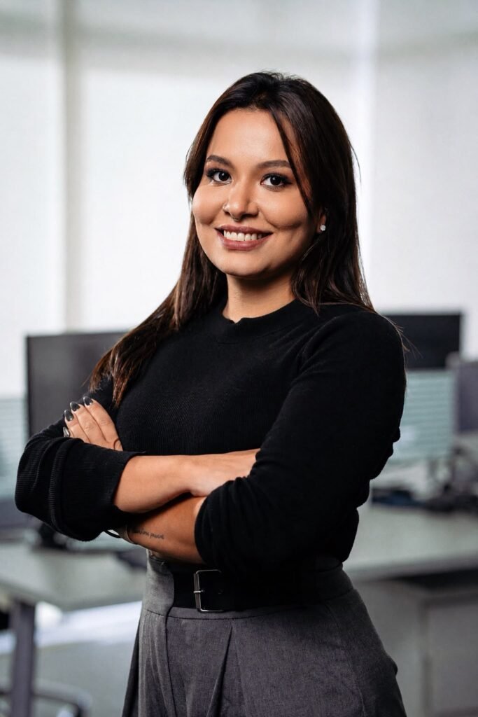 Camila Mecenas sorrindo, de braços cruzados, em retrato profissional